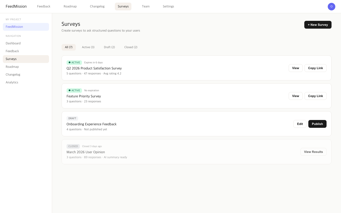 FeedMission survey dashboard — survey list with status badges and action buttons