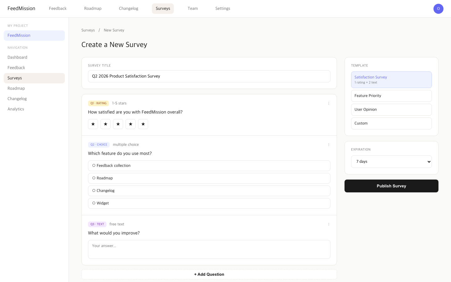FeedMission survey builder — rating, multiple choice, and text questions combined