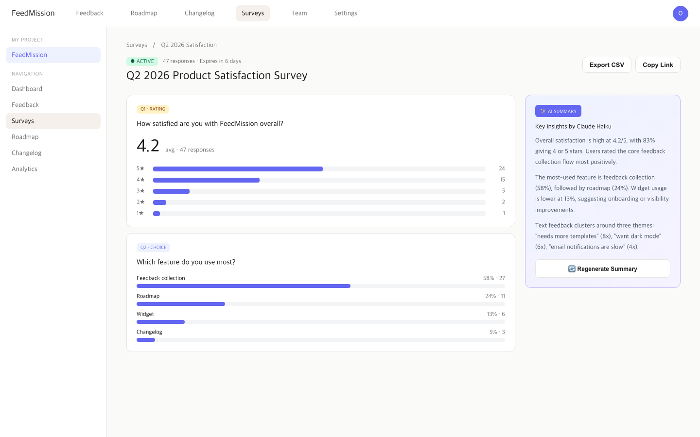 FeedMission public survey page — Survey tab with green dot, rating+choice+text form