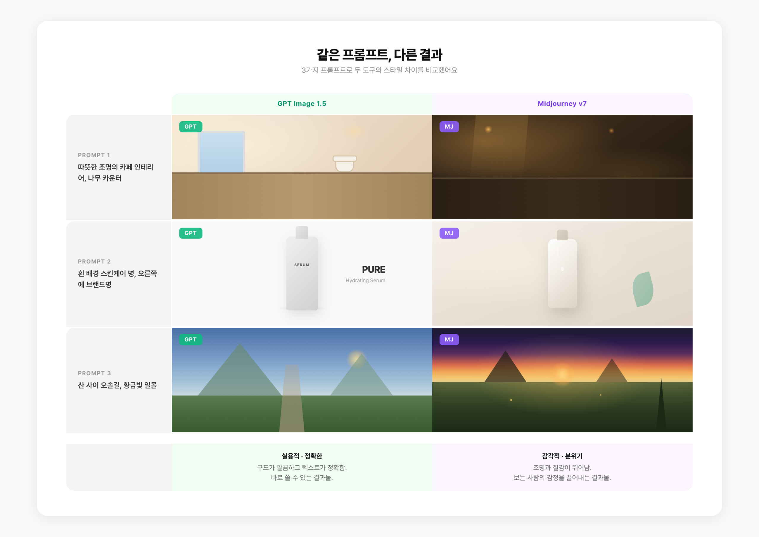 같은 프롬프트로 GPT Image 1.5와 Midjourney v7 스타일 비교 — 카페, 제품, 풍경
