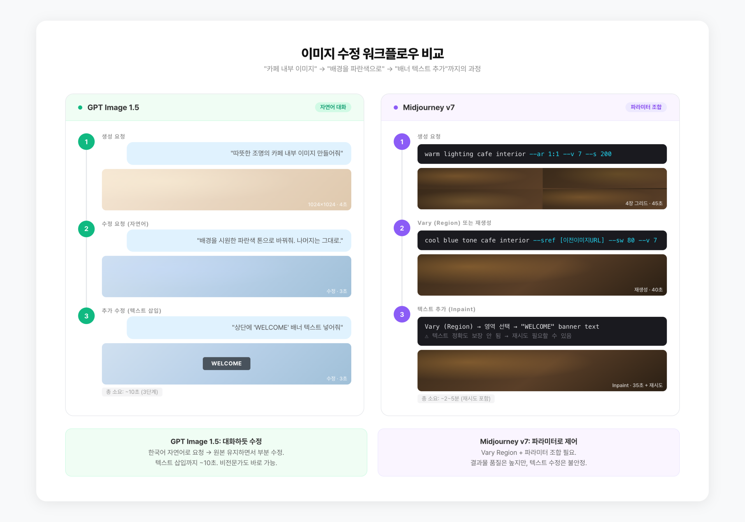 GPT Image 1.5 vs Midjourney v7 이미지 수정 워크플로우 비교