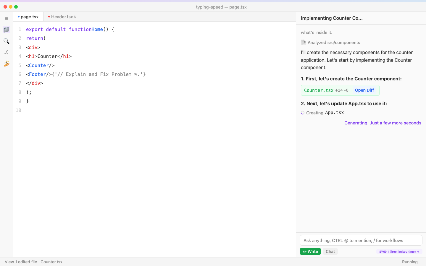 Windsurf IDE — Cascade 패널에서 React 카운터 컴포넌트 생성