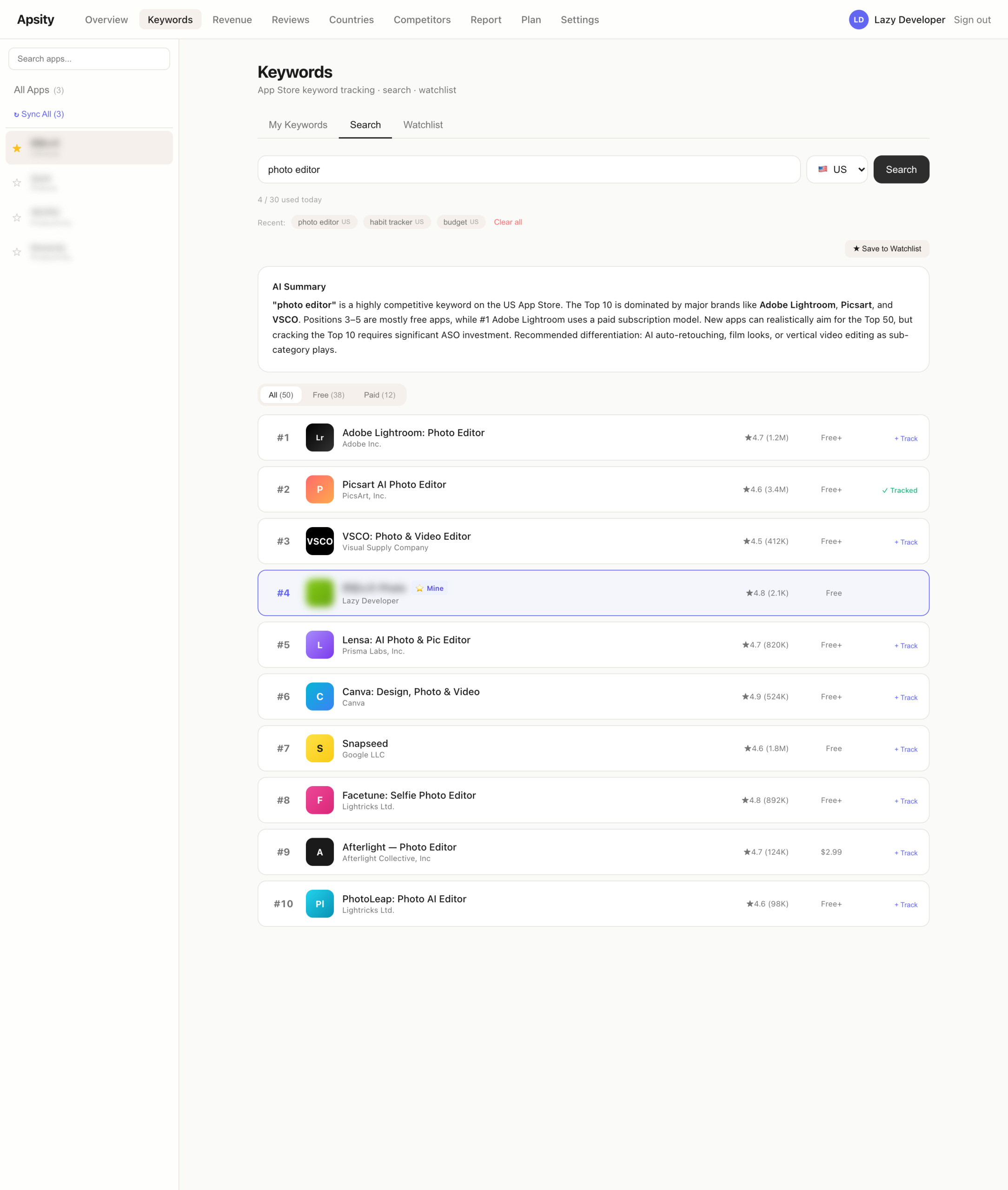 Apsity Keyword Search screen — top 50 apps for any keyword across 18 countries plus AI summary