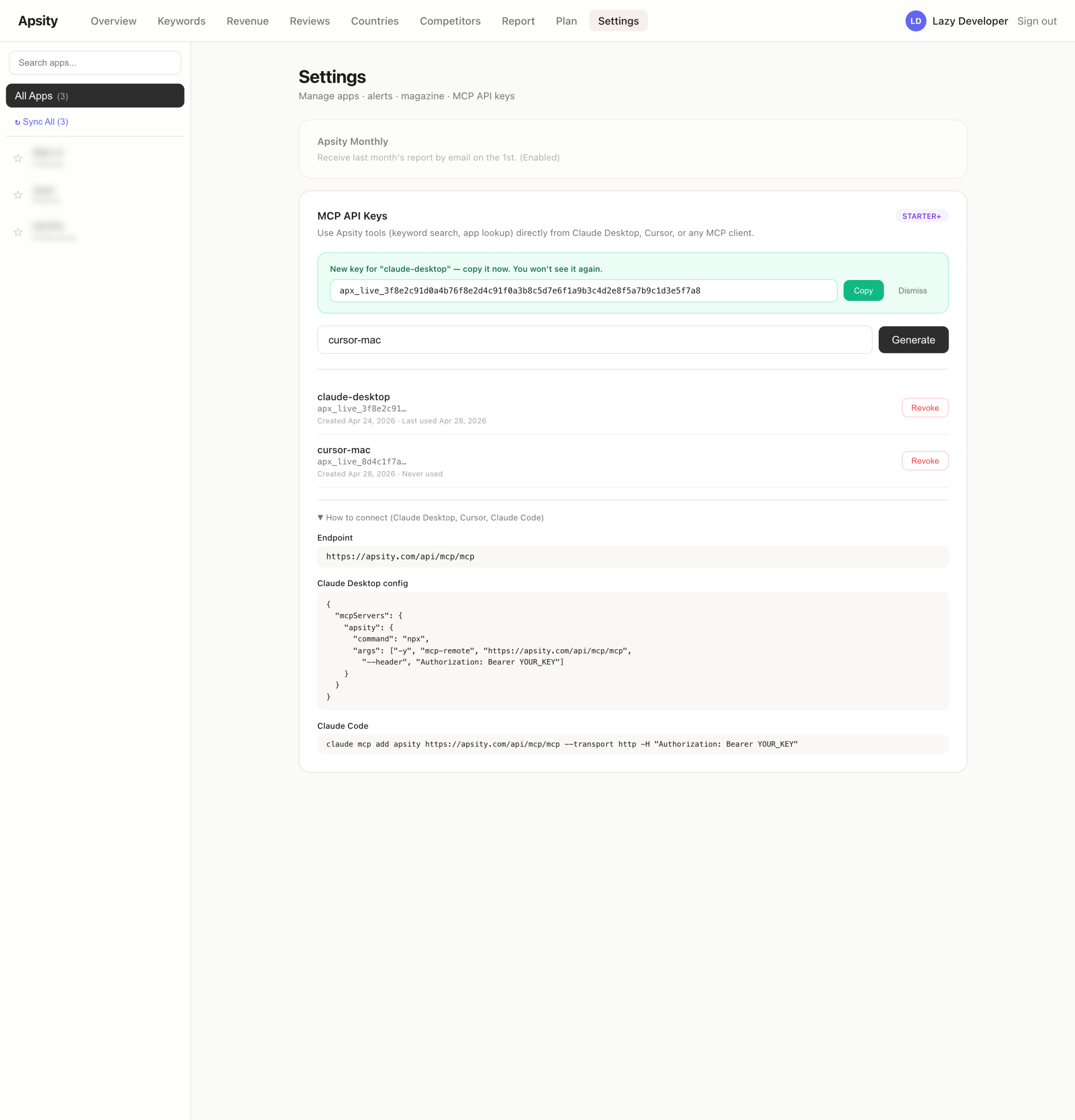 Apsity Settings — MCP API key issuance and Claude Desktop config snippet