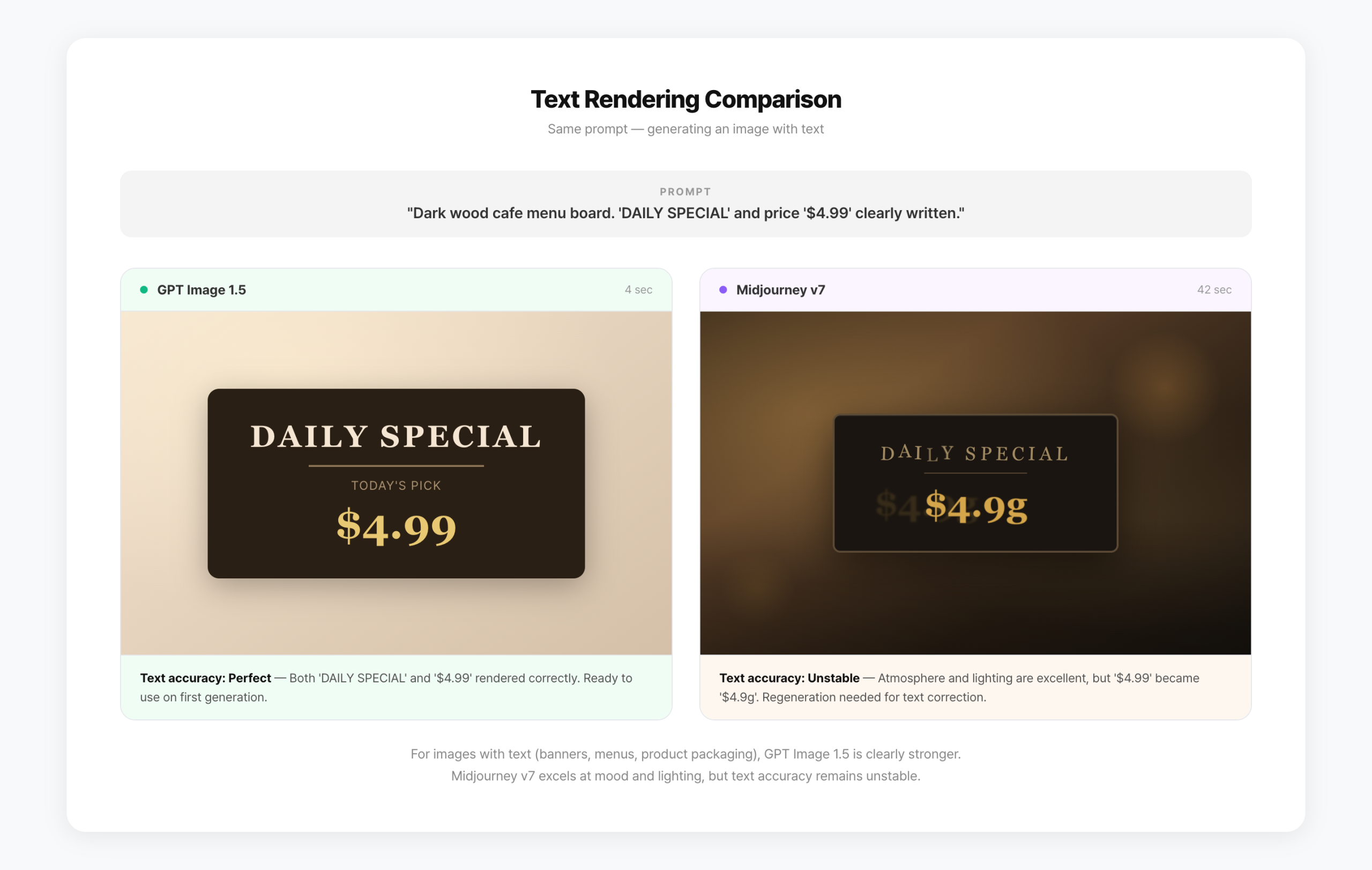GPT Image 1.5 vs Midjourney v7 text rendering comparison — DAILY SPECIAL menu board