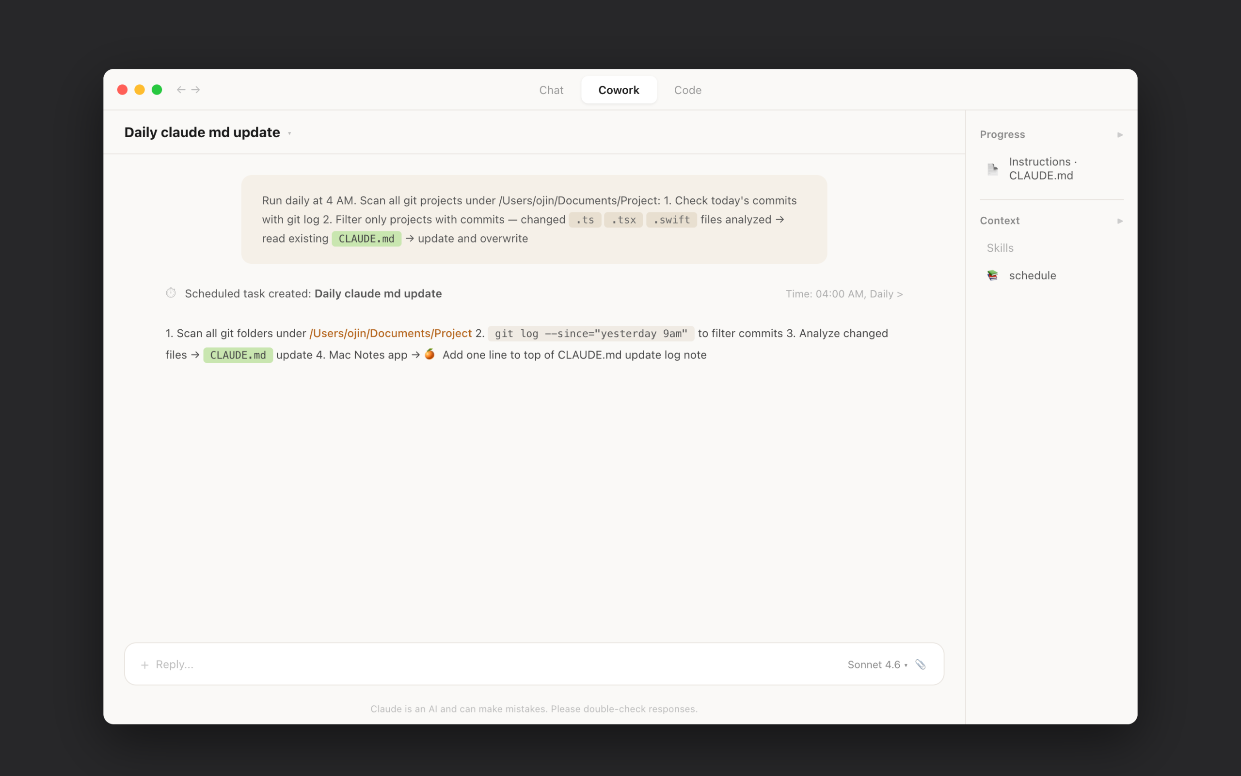 Cowork CLAUDE.md auto-update execution result