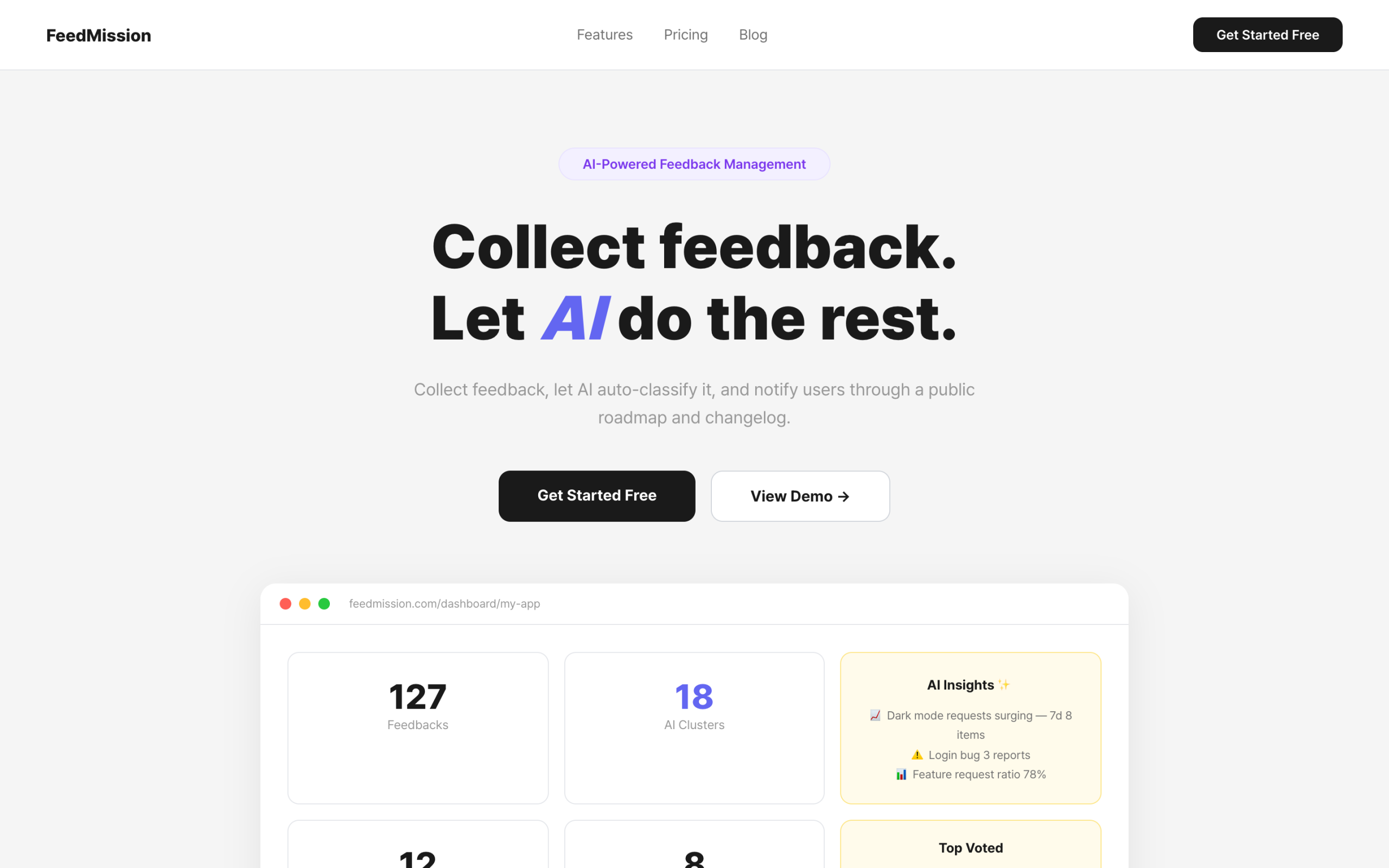 FeedMission landing page — AI-powered feedback management SaaS