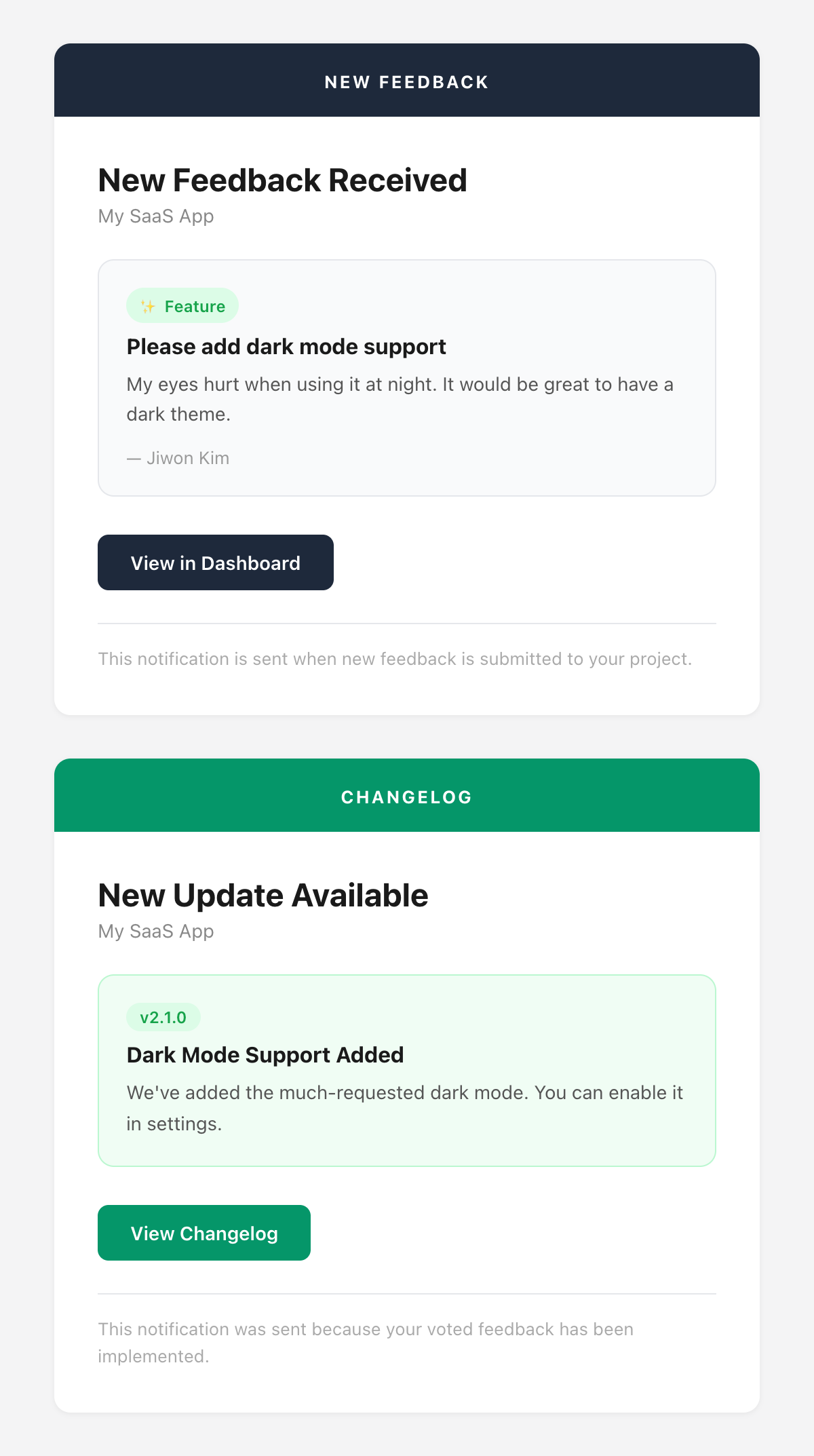 FeedMission email templates — new feedback notification and changelog published notification