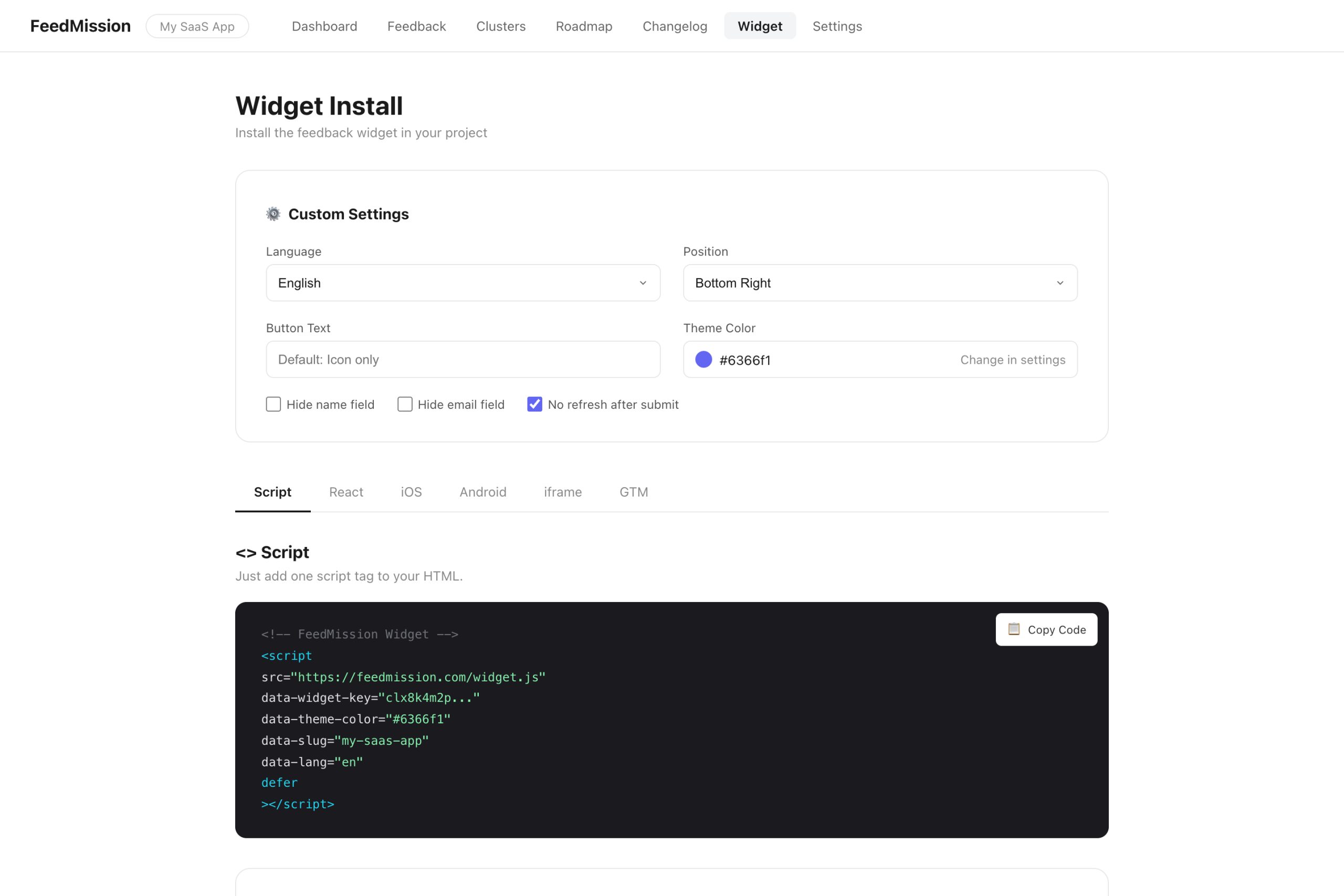 FeedMission widget install page — 6-tab code generator and preview