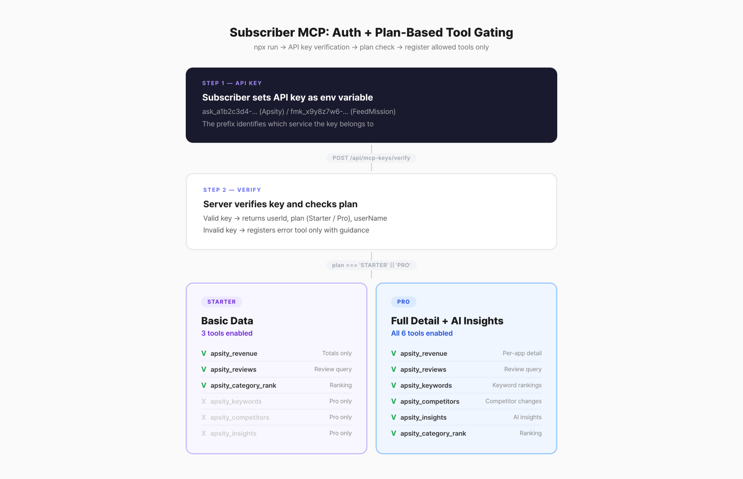 Diagram showing API key verification flow and Starter vs Pro tool comparison