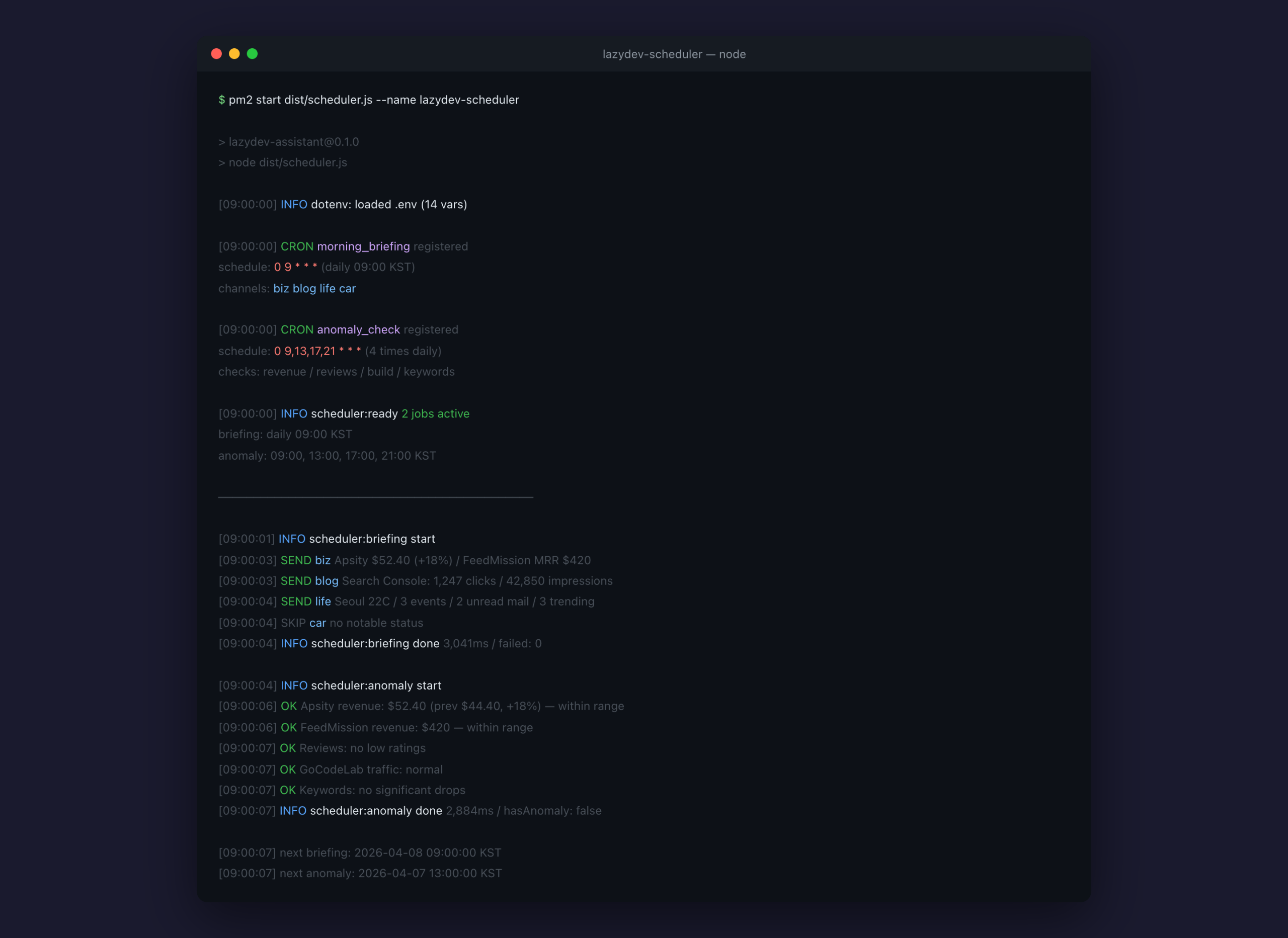 Terminal showing scheduler starting with cron schedules registered