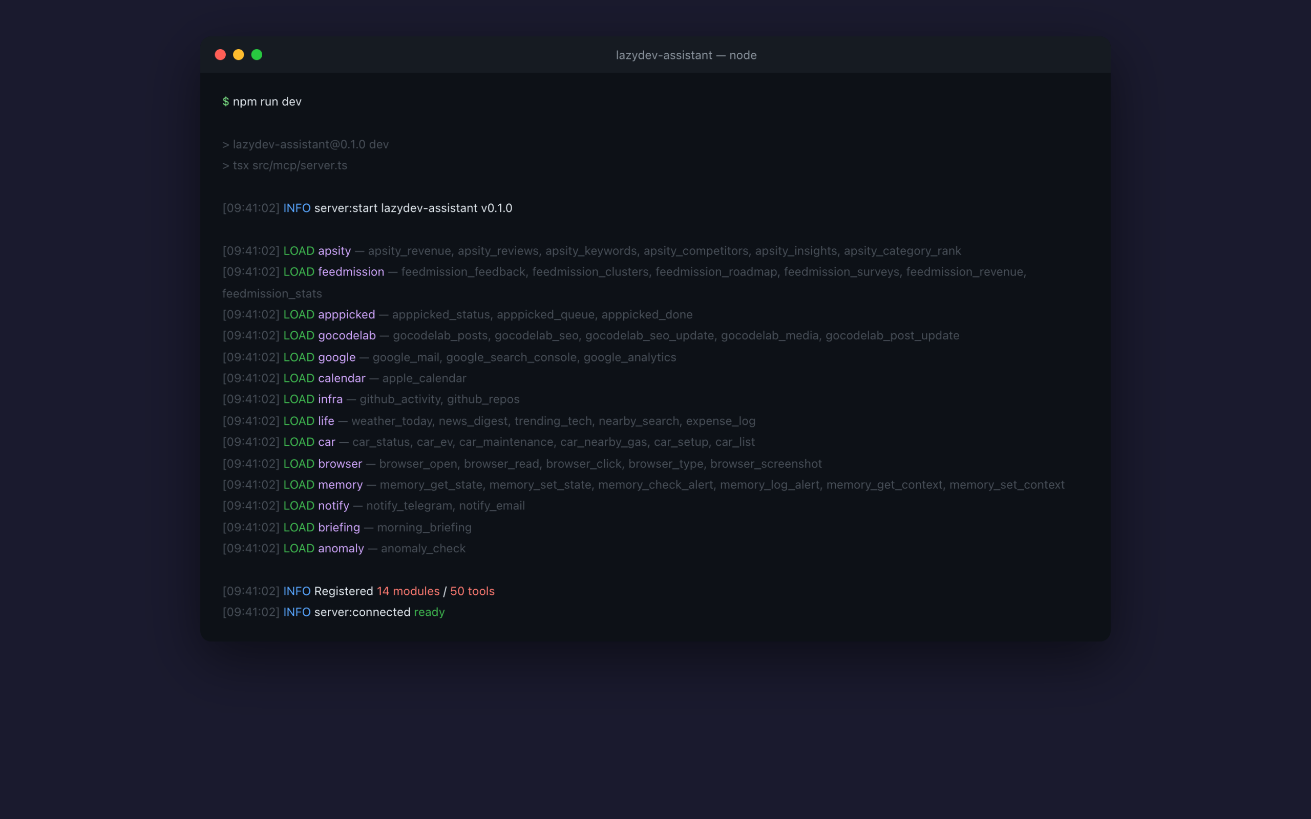 LazyDevAssistant MCP server startup — 14 modules, 50 tools registered in terminal log
