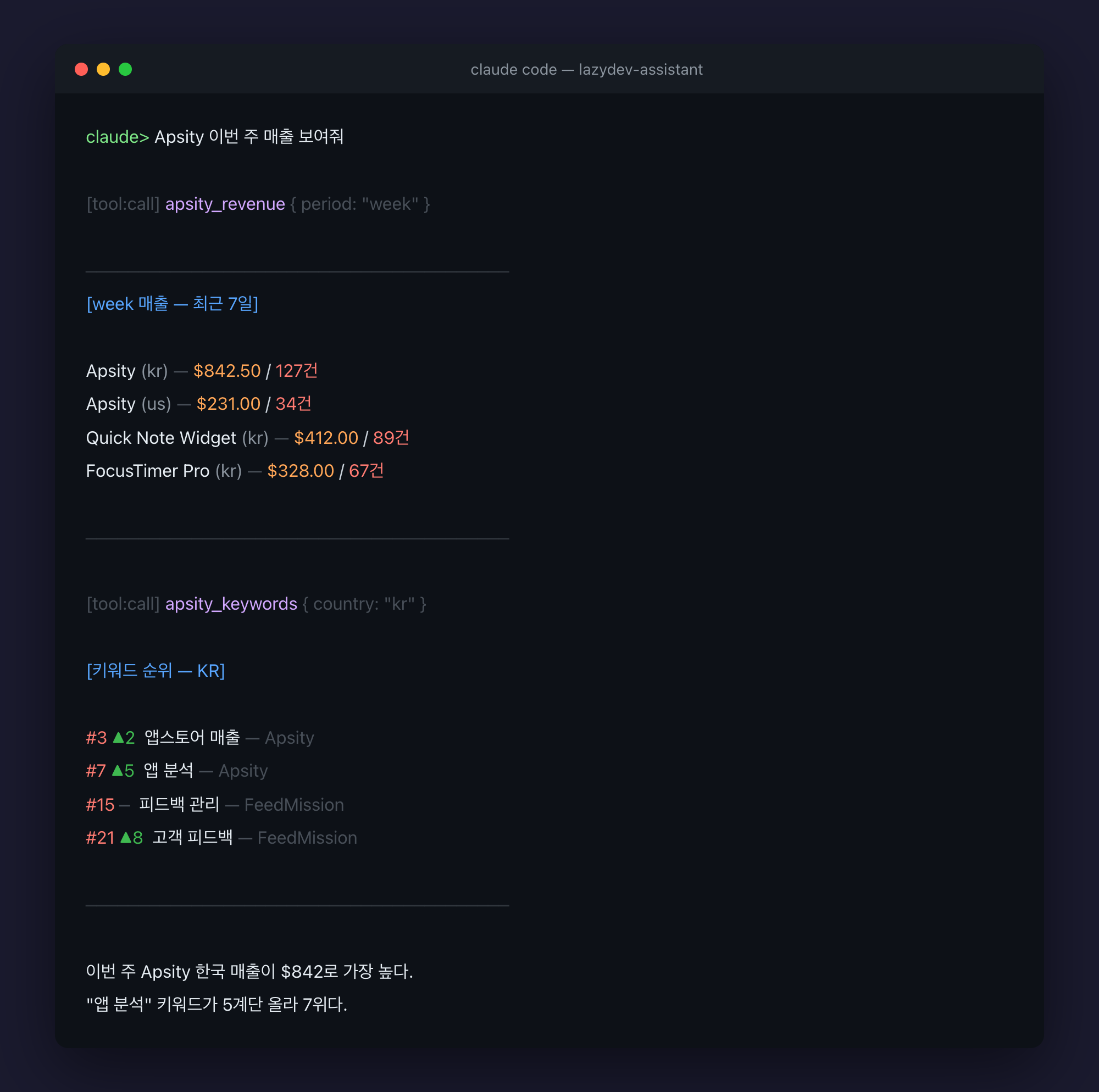 Apsity 매출 조회 결과가 터미널에 출력된 화면