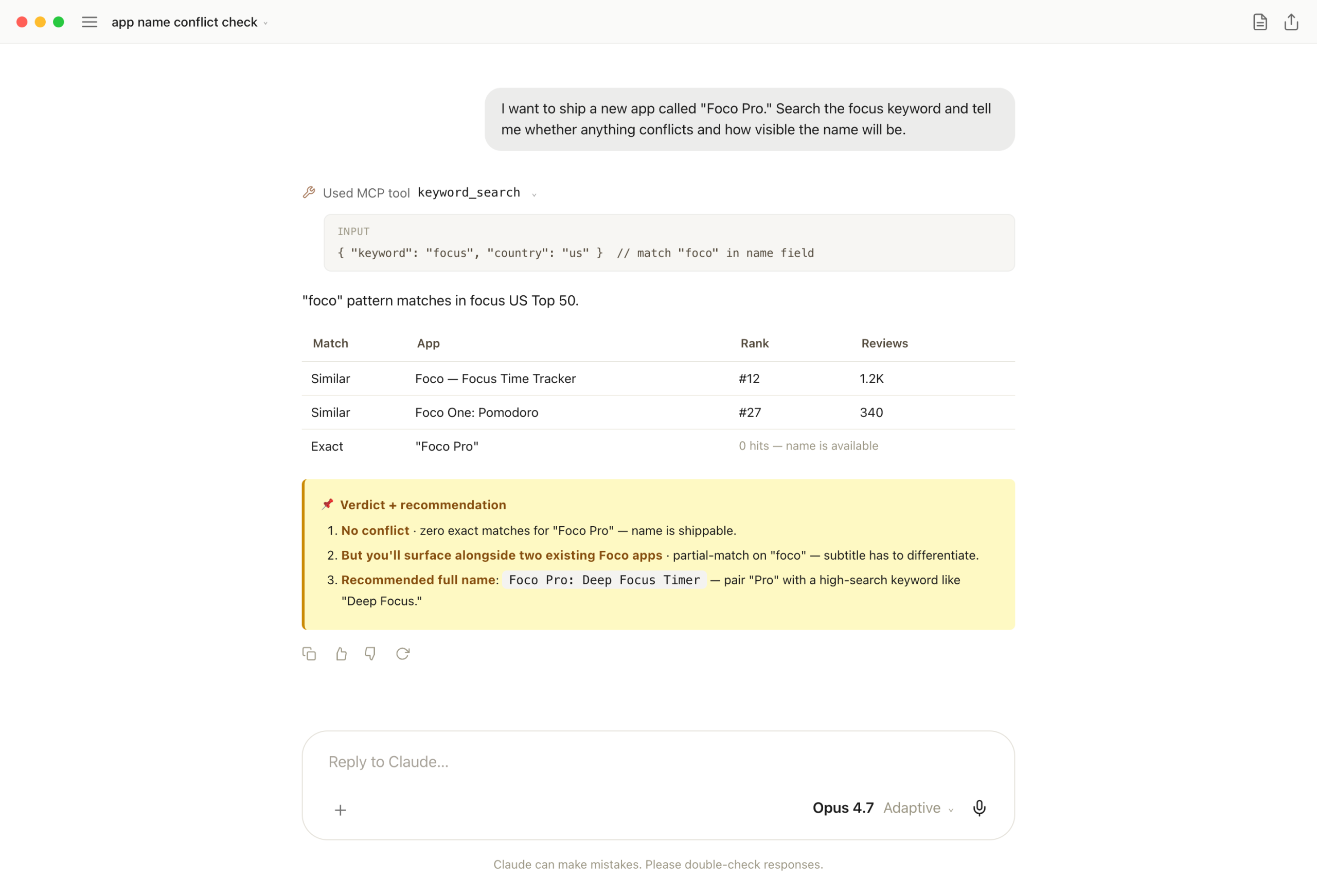 Foco Pro name validation against focus keyword in Claude Desktop with conflict and visibility check