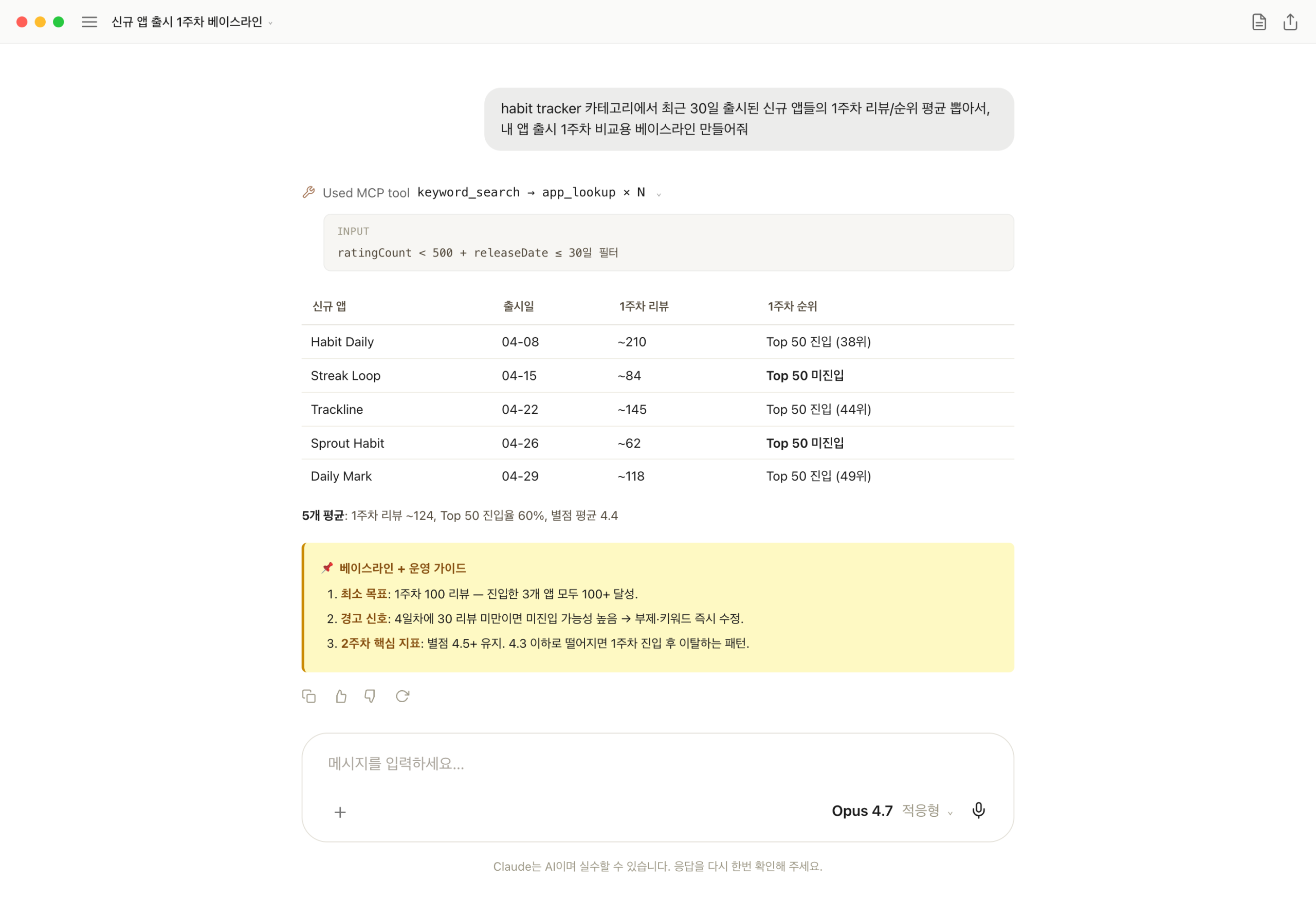 habit tracker 카테고리 최근 30일 신규 앱 5개 1주차 리뷰와 순위 평균을 베이스라인으로 정리한 화면